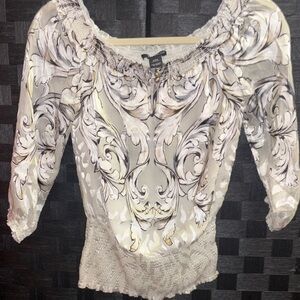 White House Black Market Cream and Gray Blouse